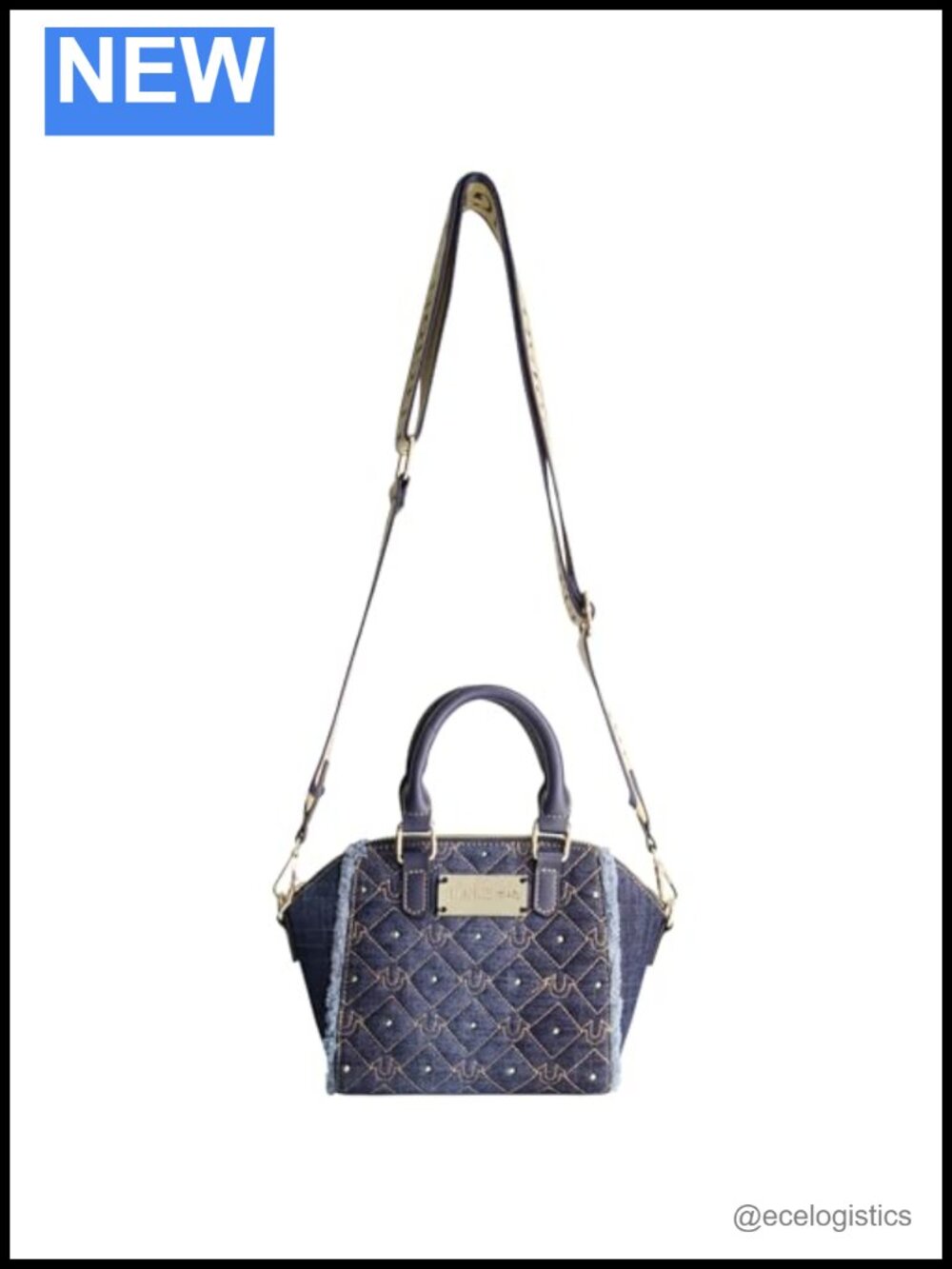 Quilted Denim Satchel with Gold Stud Accents, Adjustable Strap